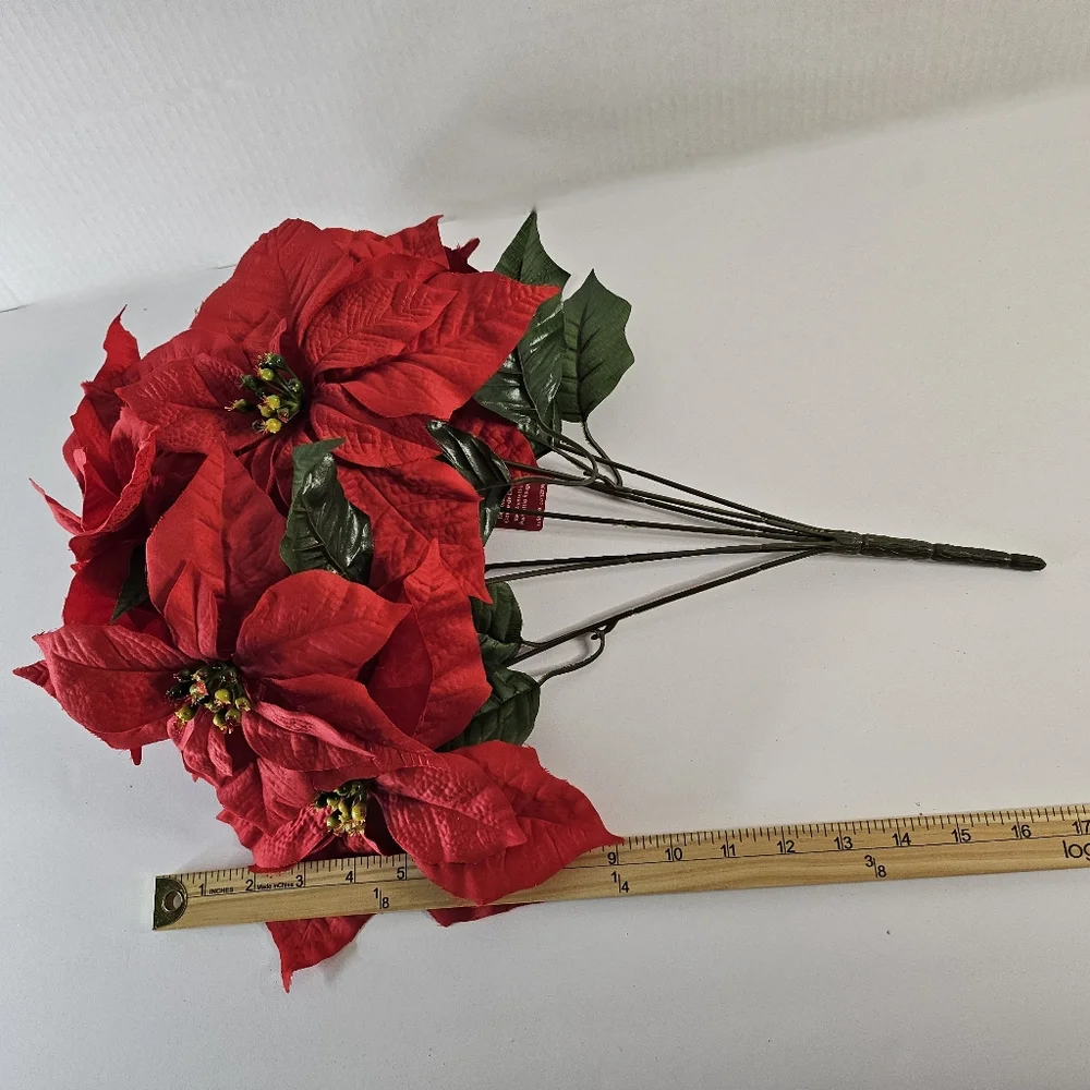Ashland Red Poinsettia Deluxe Bush Christmas Decoration Long Stem Home Decor - Picture 3 of 7